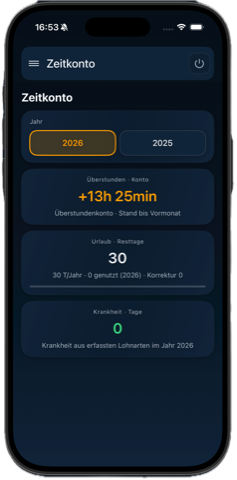 Zeitkonto in der zeamex App mit Soll- und Ist-Stunden
