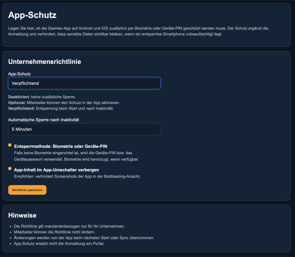 App-Schutz-Einstellungen im zeamex Portal