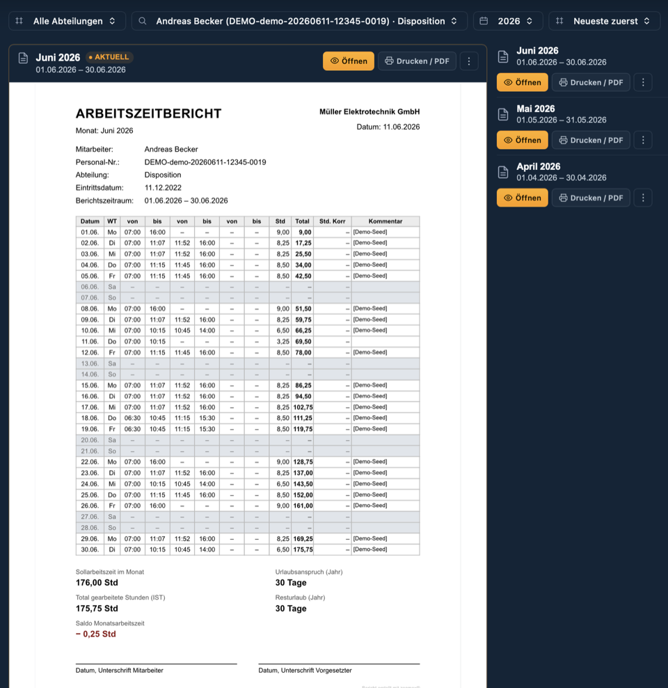 Arbeitszeitbericht im zeamex Portal