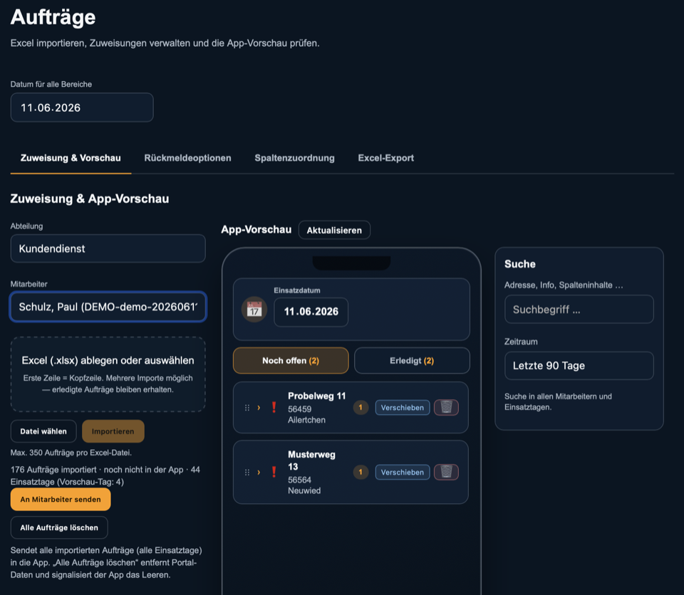 Auftragsübersicht im zeamex Portal