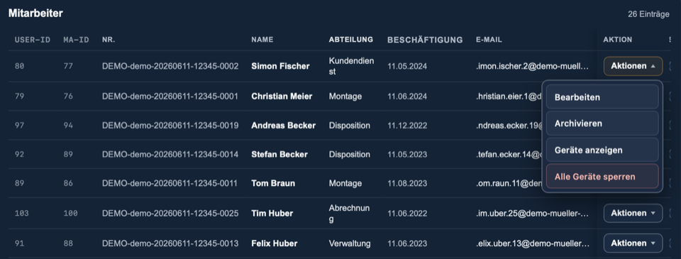 Mitarbeiterübersicht im zeamex Portal