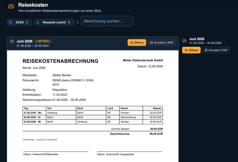 Reisekostenabrechnung im zeamex Portal