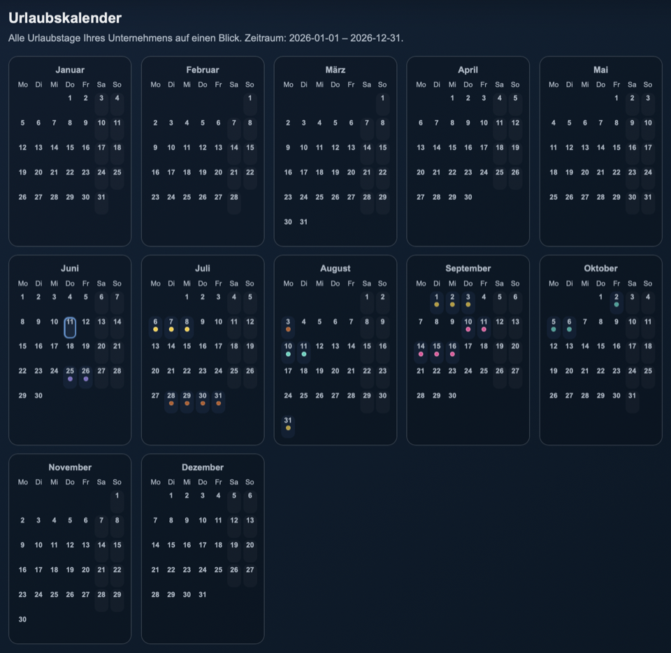 Urlaubskalender im zeamex Portal mit Teamübersicht