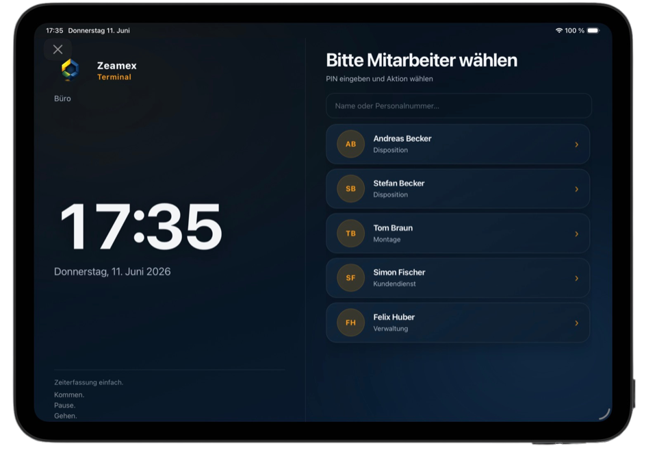 zeamex Terminal: Mitarbeiterauswahl auf dem Hauptbildschirm