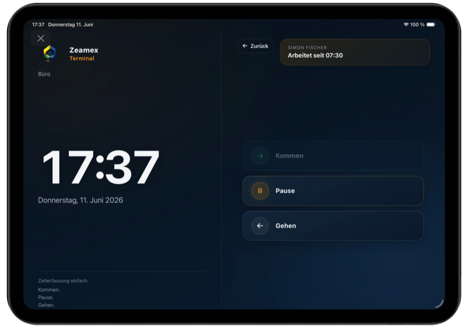 zeamex Terminal: Zeit erfassen mit Kommen, Pause und Gehen